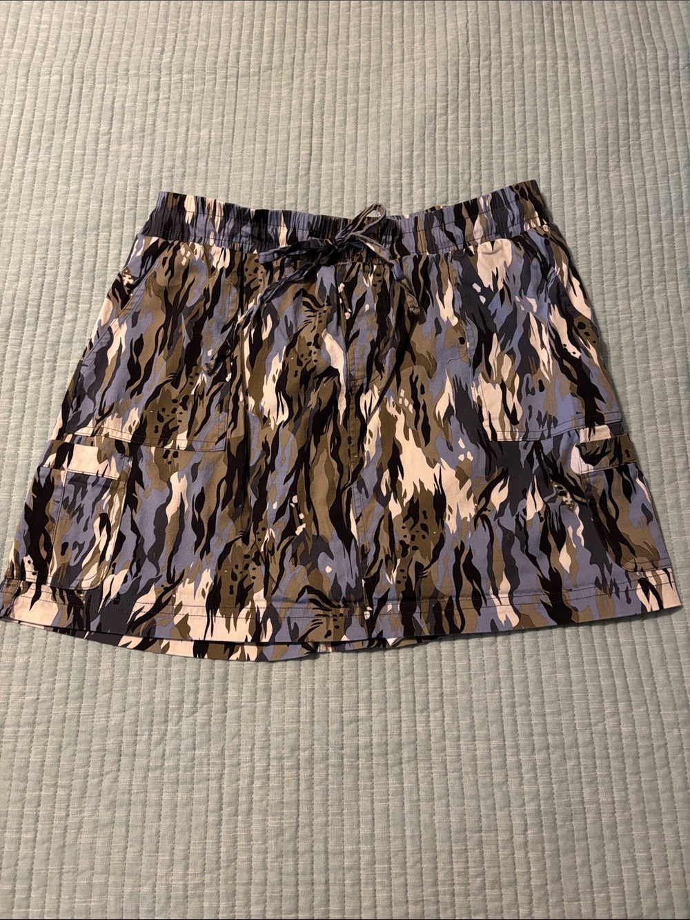 Royalty For Me Blue, Cream & Olive Abstract Print Skirt with shorts built in